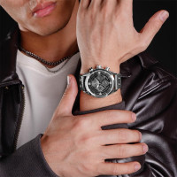 Naviforce szuper-stílusos közepes méretű chronograph férfi karóra bőrszíjjal - szürke